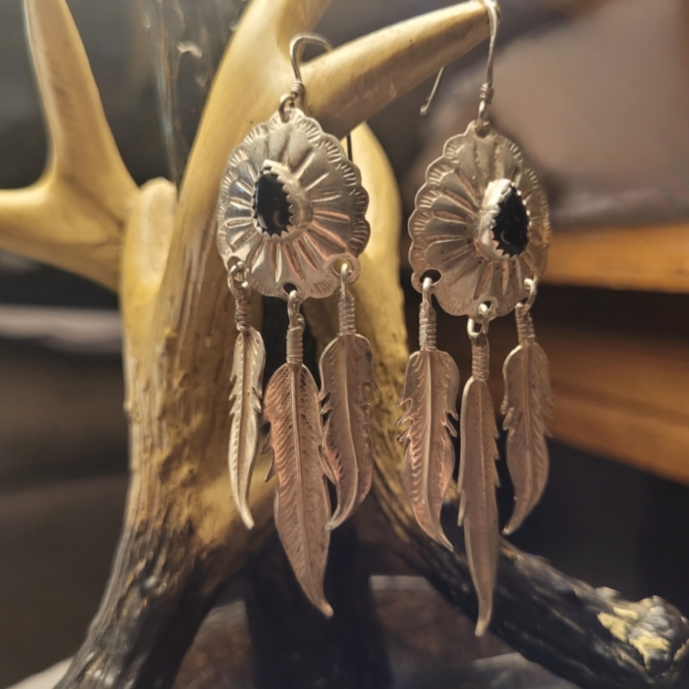 Navajo Native American Feather .925 Sterling Silver Onyx Dangle Vintage Earrings